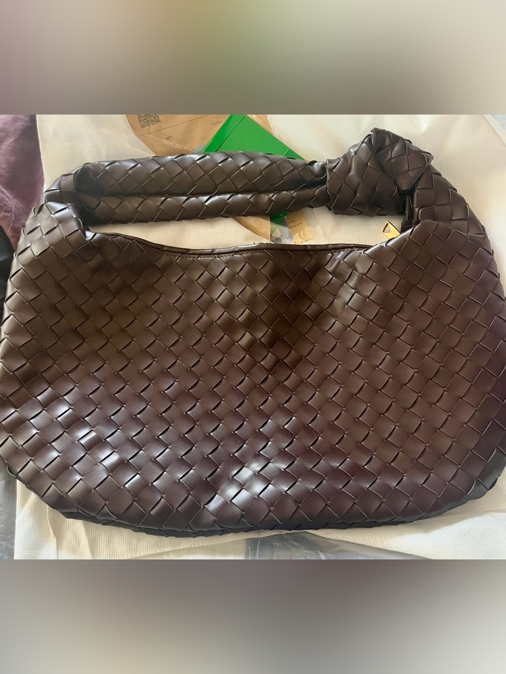 Woven Leather Shoulder Bag in Dark Brown